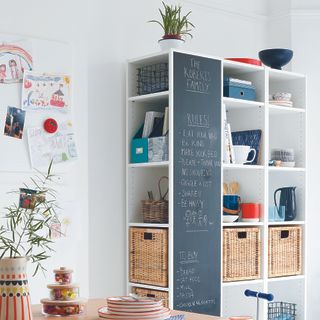 Kitchen with chalkboard memo and wall storage