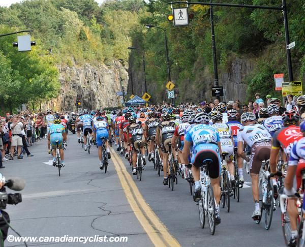 The main bunch hits the top of the climb.