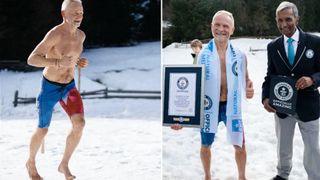 Topless man Czech Josef Salek breaks record for barefoot marathon on ice