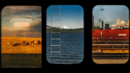 three photos of US landscape shot through a train window