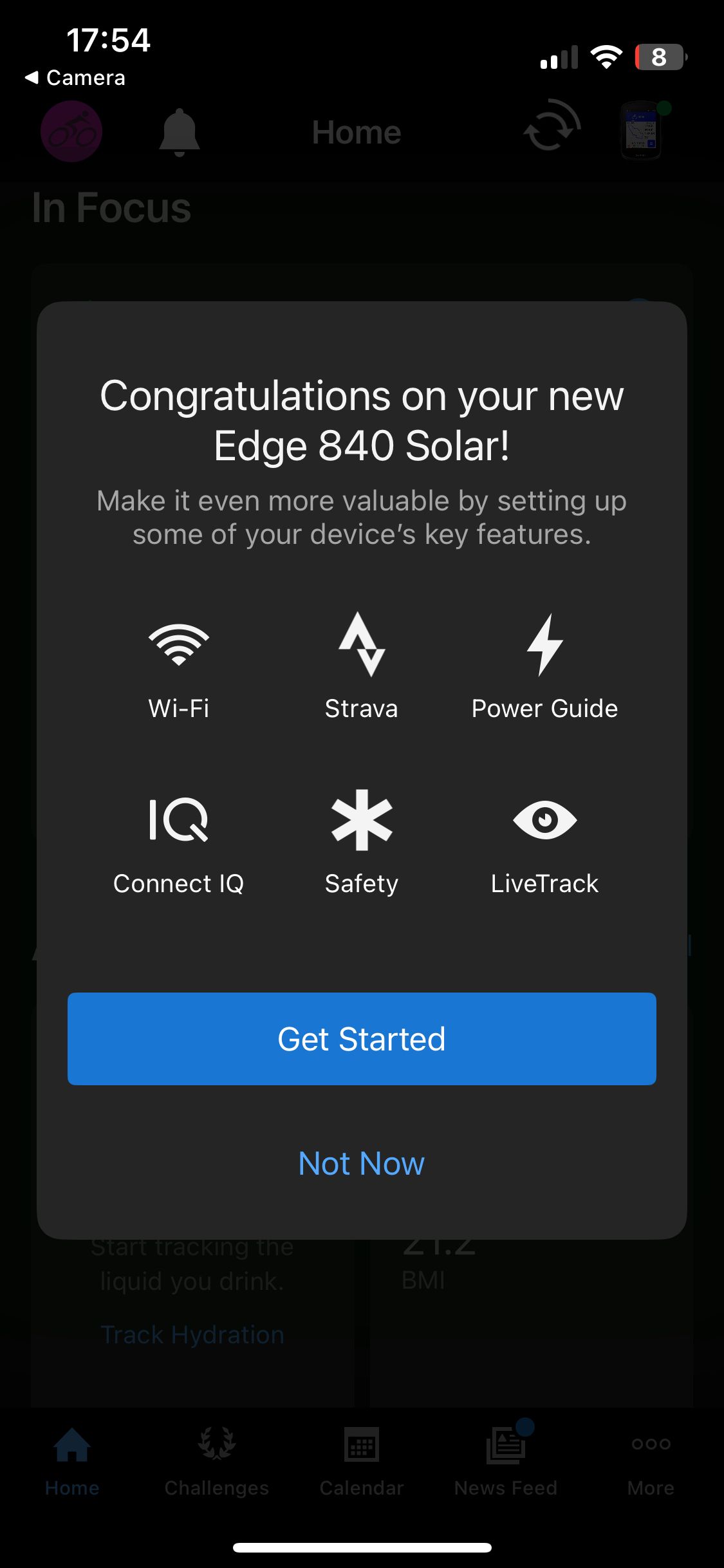 A Garmin Edge 840 setup screen