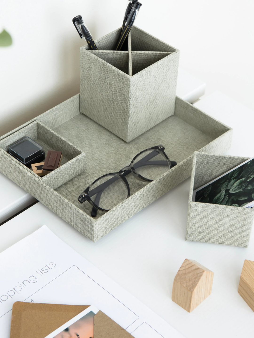 A beige-green set of desk organizers from Bigso Box of Sweden
