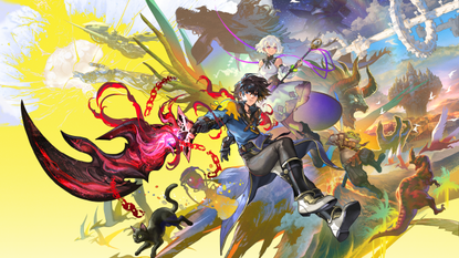 Key art from Another Eden Begins, showing a party of fantasy characters posing against a yellow background.