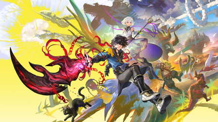 Key art from Another Eden Begins, showing a party of fantasy characters posing against a yellow background.