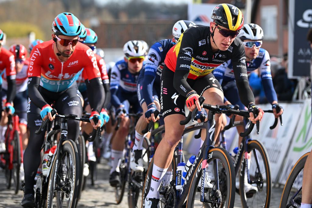 NOKERE BELGIUM MARCH 15 Tim Merlier of Belgium and Team Soudal Quick Step competes during the 77th Danilith Nokere Koerse 2023 Mens Elite a 1936km one day race from Deinze to Nokere DanilithNokereKoerse on March 15 2023 in Deinze Belgium Photo by Luc ClaessenGetty Images
