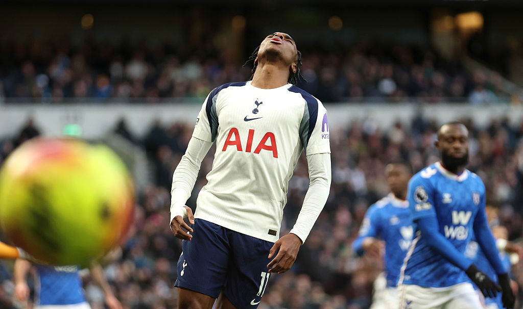 Mathys Tel looks frustrated while in action for Tottenham