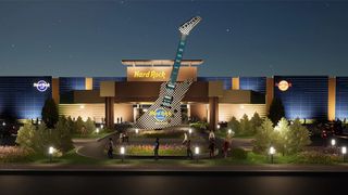 A giant 62-foot statue of Rick Nielsen's Hamer checkerboard guitar