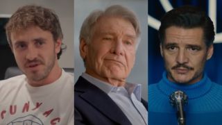 From left to right: Paul Mescal talking in an SNL sketch, Harrison Ford making a smug face on Shrinking and Pedro Pascal talking into a mic in Fantastic Four.