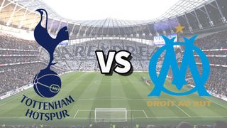 The Tottenham Hotspur and Olympique de Marseille club badges on top of a photo of Tottenham Hotspur Stadium in London, England