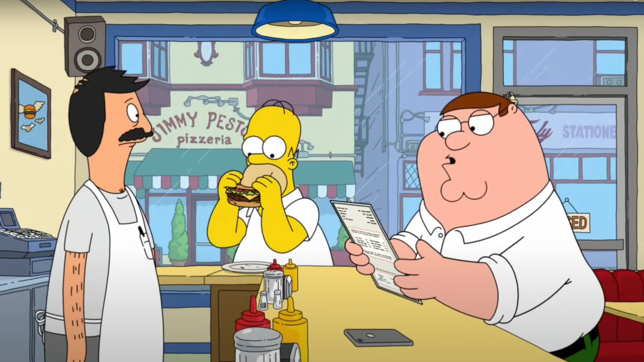 Peter Griffin and Homer Simpson sit at the Bob's Burgers counter in front of a confused Bob Belcher on Family Guy.