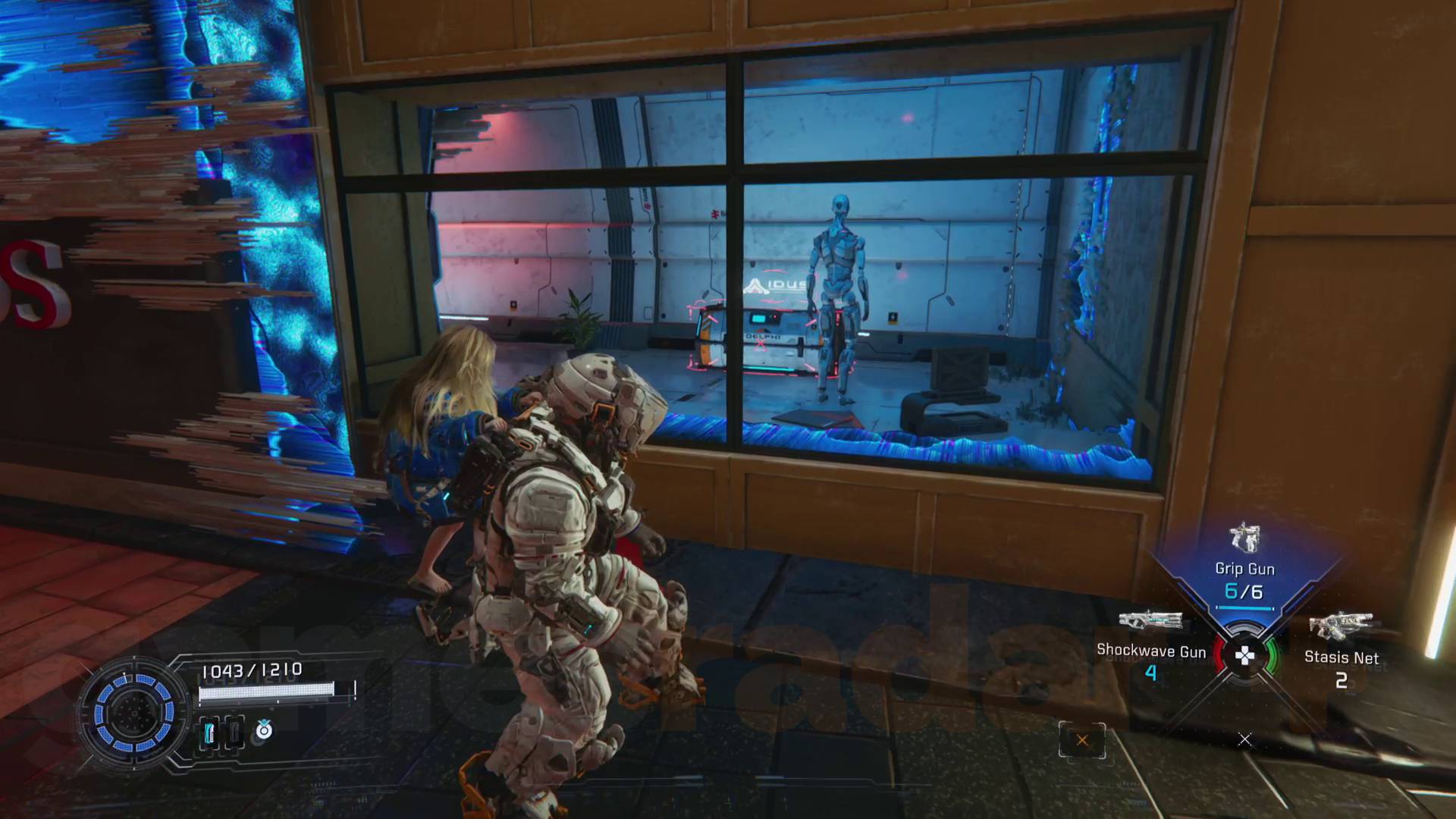 Pragmata MPA collectibles shopping district white pure lunum box behind window in red zone