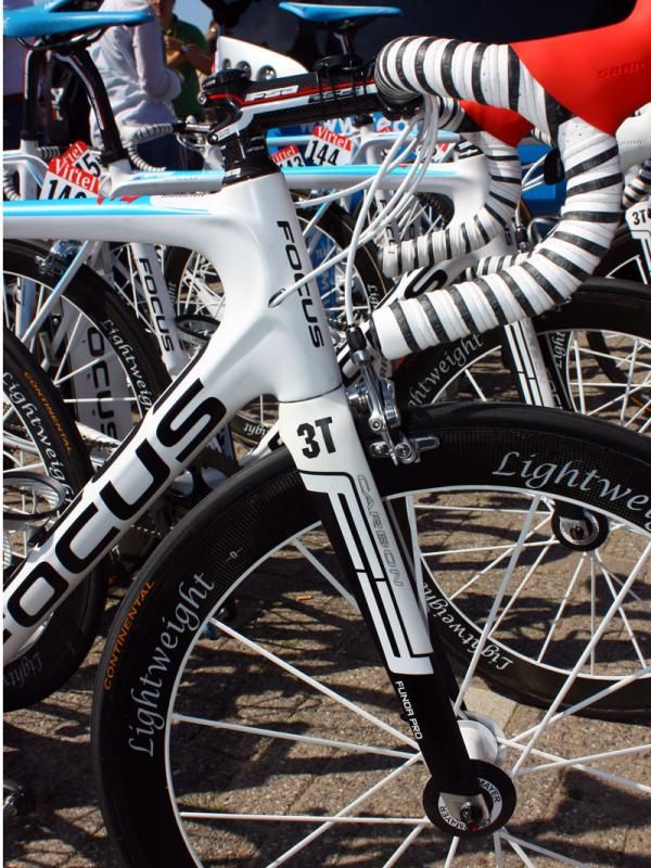 Team Milram's Focus Izalco Team frames feature modestly tapered steerer tubes.