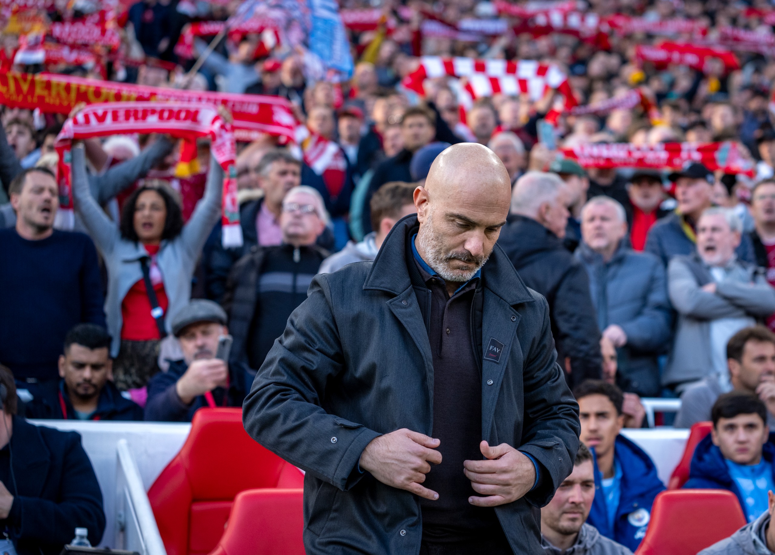 Enzo Maresca, Manchester City Manager, on the sideline in front of the Liverpool fans