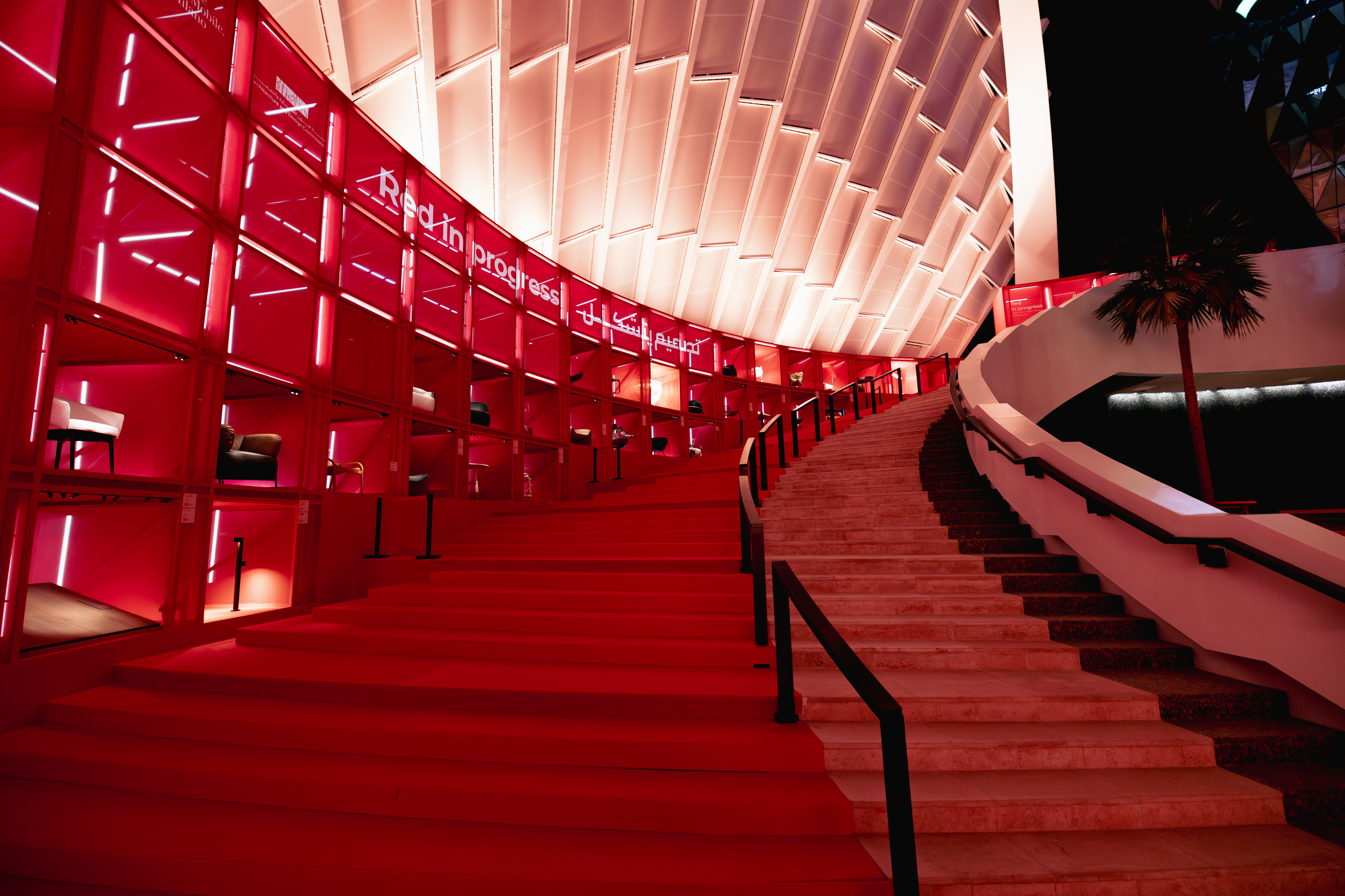 Red and white installation at Salone del Mobile in Saudi Arabia