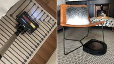 Two pictures of vacuums: one of a black one on a striped rug and one of a root one next to an orange chair