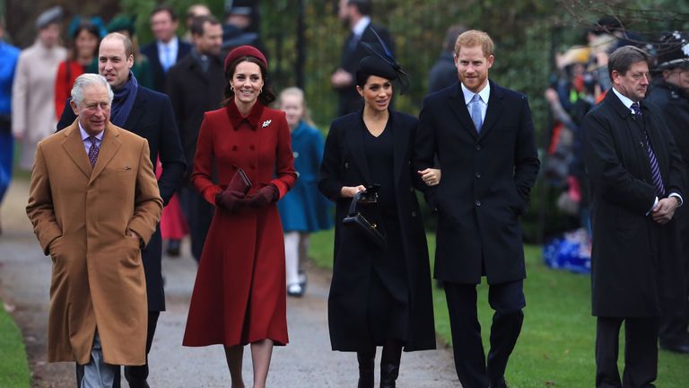 kings lynn, england december 25 l r prince charles, prince of wales, prince william, duke of cambridge, catherine, duchess of cambridge, meghan, duchess of sussex and prince harry, duke of sussex arrive to attend christmas day church service at church of st mary magdalene on the sandringham estate on december 25, 2018 in kings lynn, england photo by stephen pondgetty images