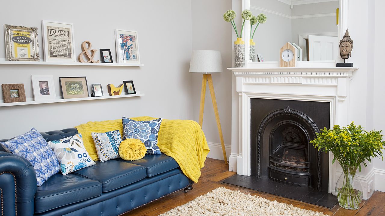 Living room with a sofa and fireplace