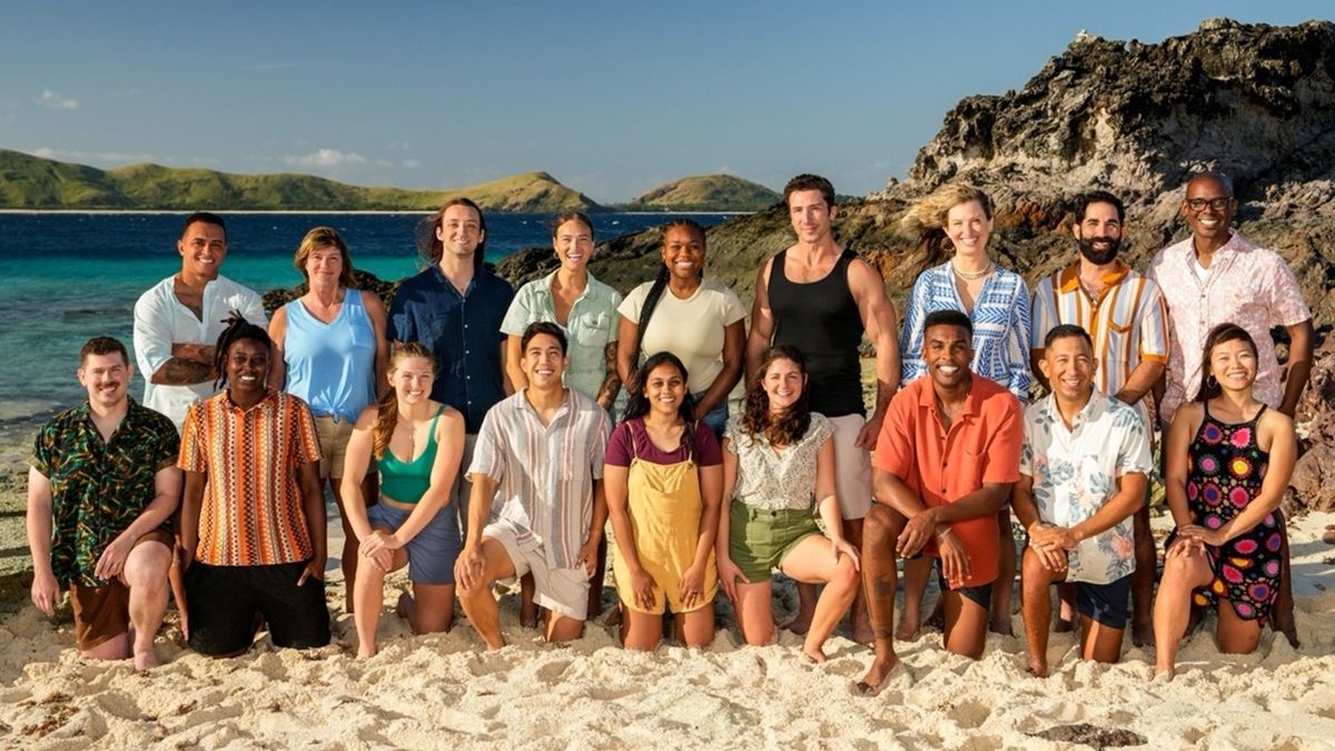 The eighteen new castaways line up against the stunning backdrop of the Mamanuca Islands in Fiji for Survivor Season 48.