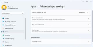 Advanced Apps settings page