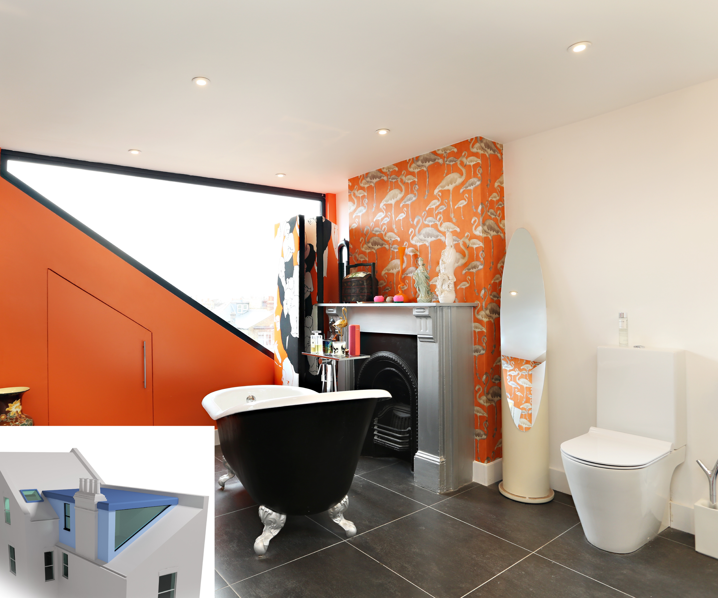 loft bathroom with large triangular shaped window