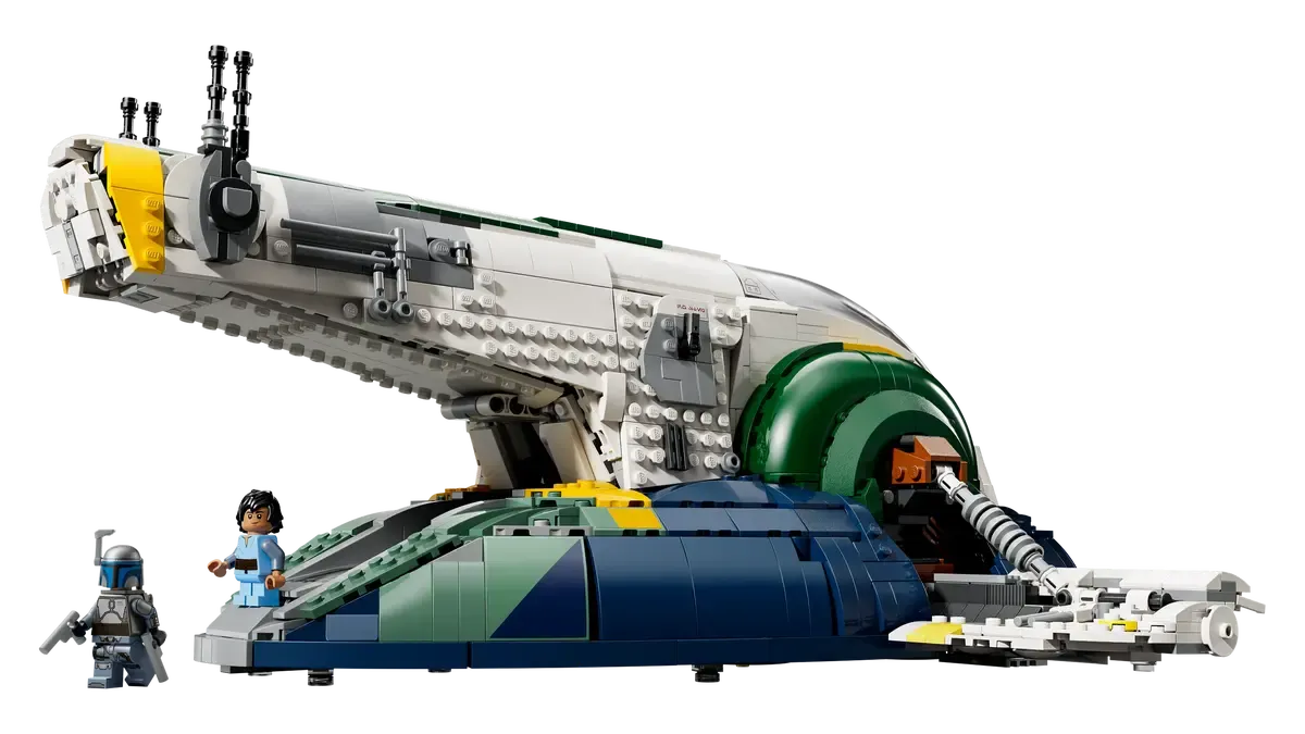 A Lego Star Wars spaceship model with minifigures.