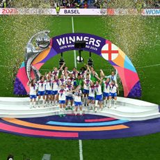 England players lift the trophy as they celebrate winning the UEFA Women's Euro 2025 final match between England and Spain at St. Jakob-Park on July 27, 2025, Basel, Switzerland.