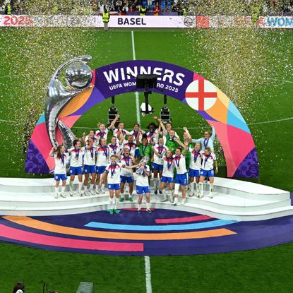 England players lift the trophy as they celebrate winning the UEFA Women's Euro 2025 final match between England and Spain at St. Jakob-Park on July 27, 2025, Basel, Switzerland.