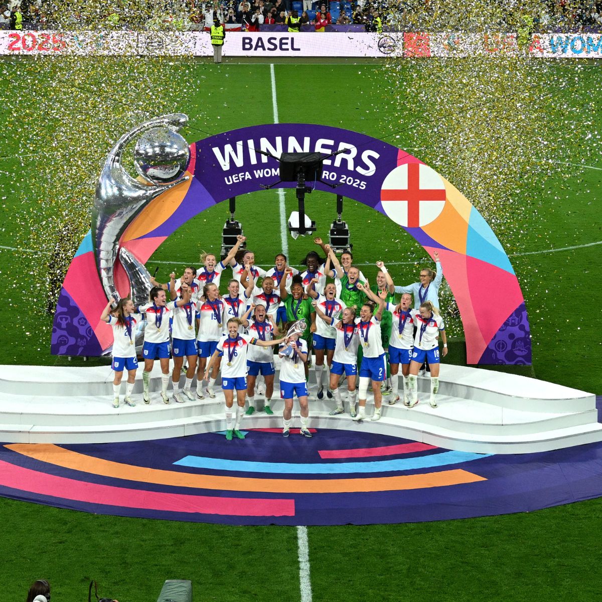 England players lift the trophy as they celebrate winning the UEFA Women&#039;s Euro 2025 final match between England and Spain at St. Jakob-Park on July 27, 2025, Basel, Switzerland.