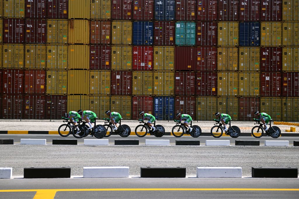 KHALIFA PORT UNITED ARAB EMIRATES FEBRUARY 21 A general view of Luca Colnaghi of Italy Luca Covili of Italy Riccardo Lucca of Italy Filippo Magli of Italy Alessandro Tonelli of Italy Enrico Zanoncello of Italy Samuele Zoccarato of Italy and Team Green ProjectBardianicsfFaizane competing during the 5th UAE Tour 2023 Stage 2 a 173km team time trial in Khalifa Port UAETour on February 21 2023 in Khalifa Port United Arab Emirates Photo by Dario BelingheriGetty Images