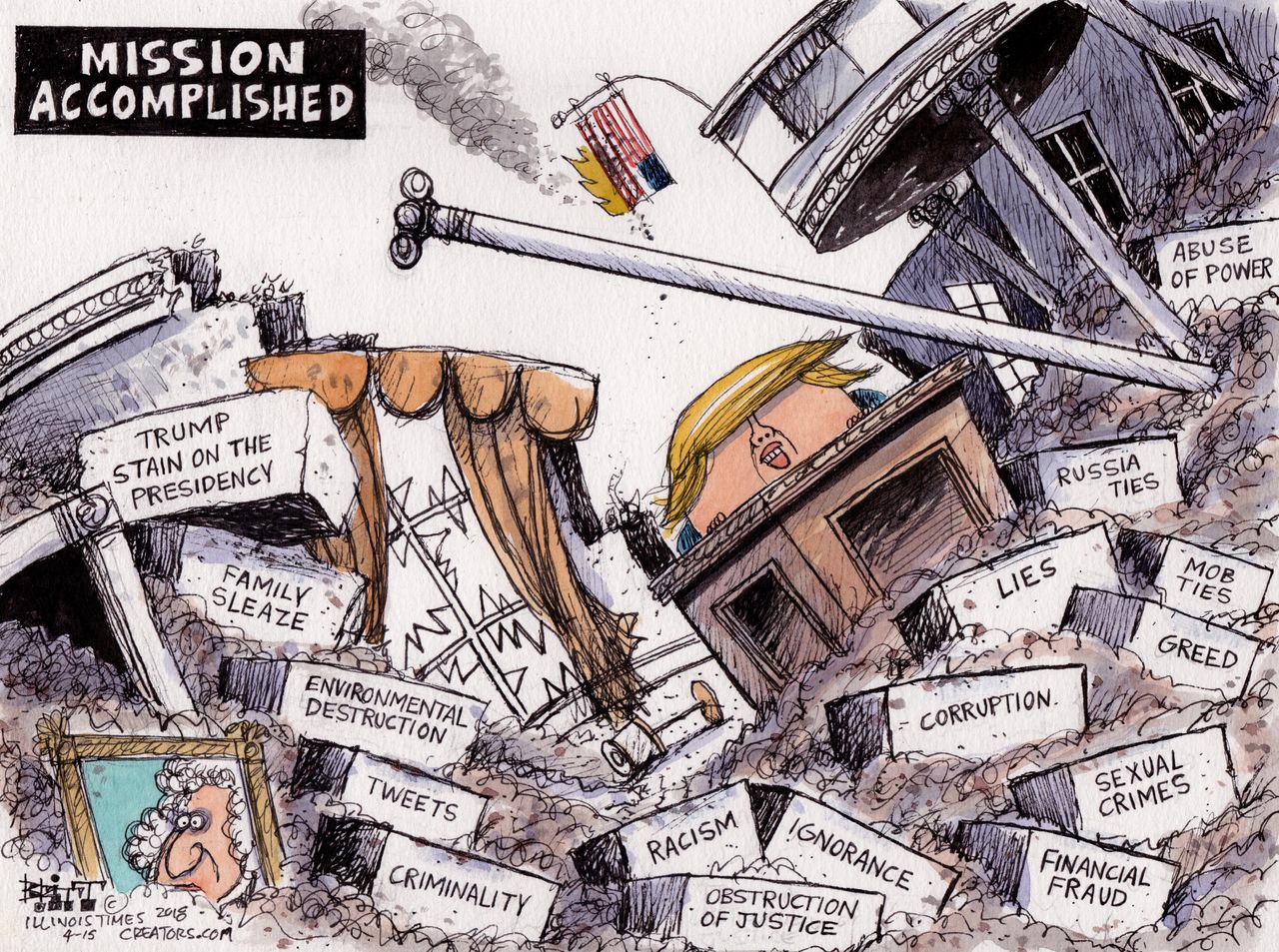 Political cartoon U.S. Trump Syria bombing Mission Accomplished