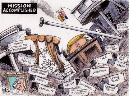 Political cartoon U.S. Trump Syria bombing Mission Accomplished