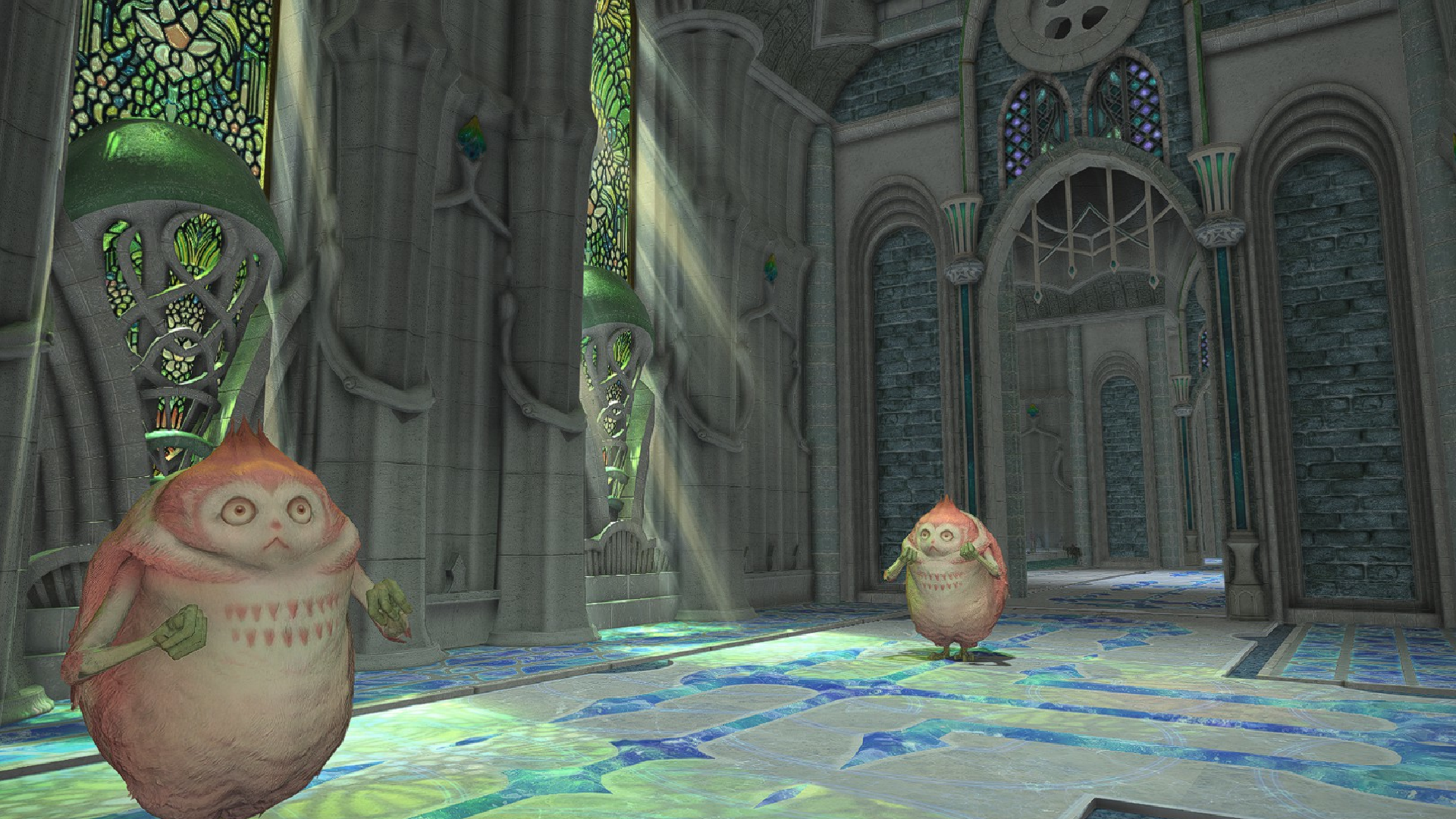 Two furry critters hop around the opening halls of Pilgrim&#039;s Traverse in Final Fantasy 14.