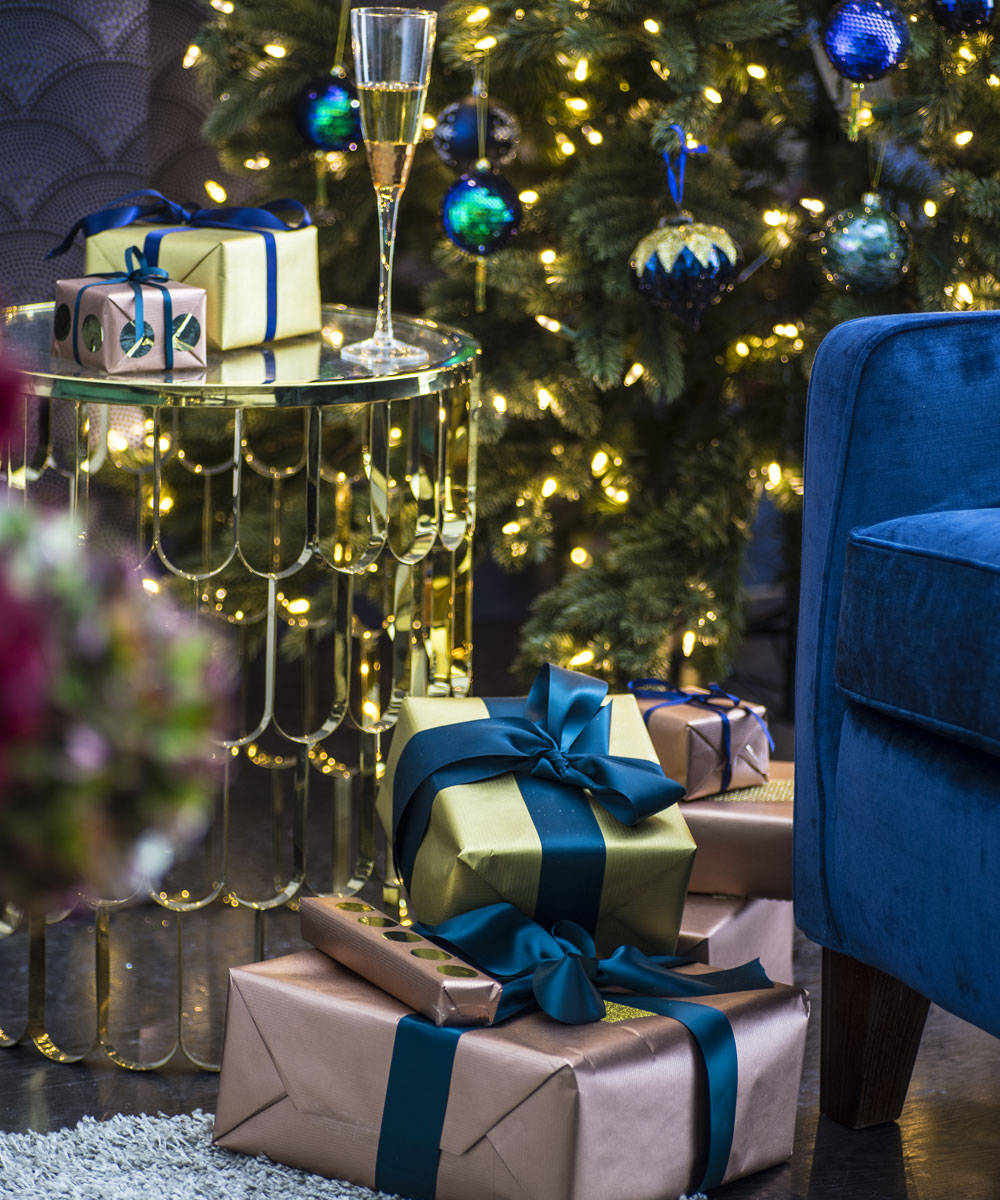 decorative christmas trees and gifts