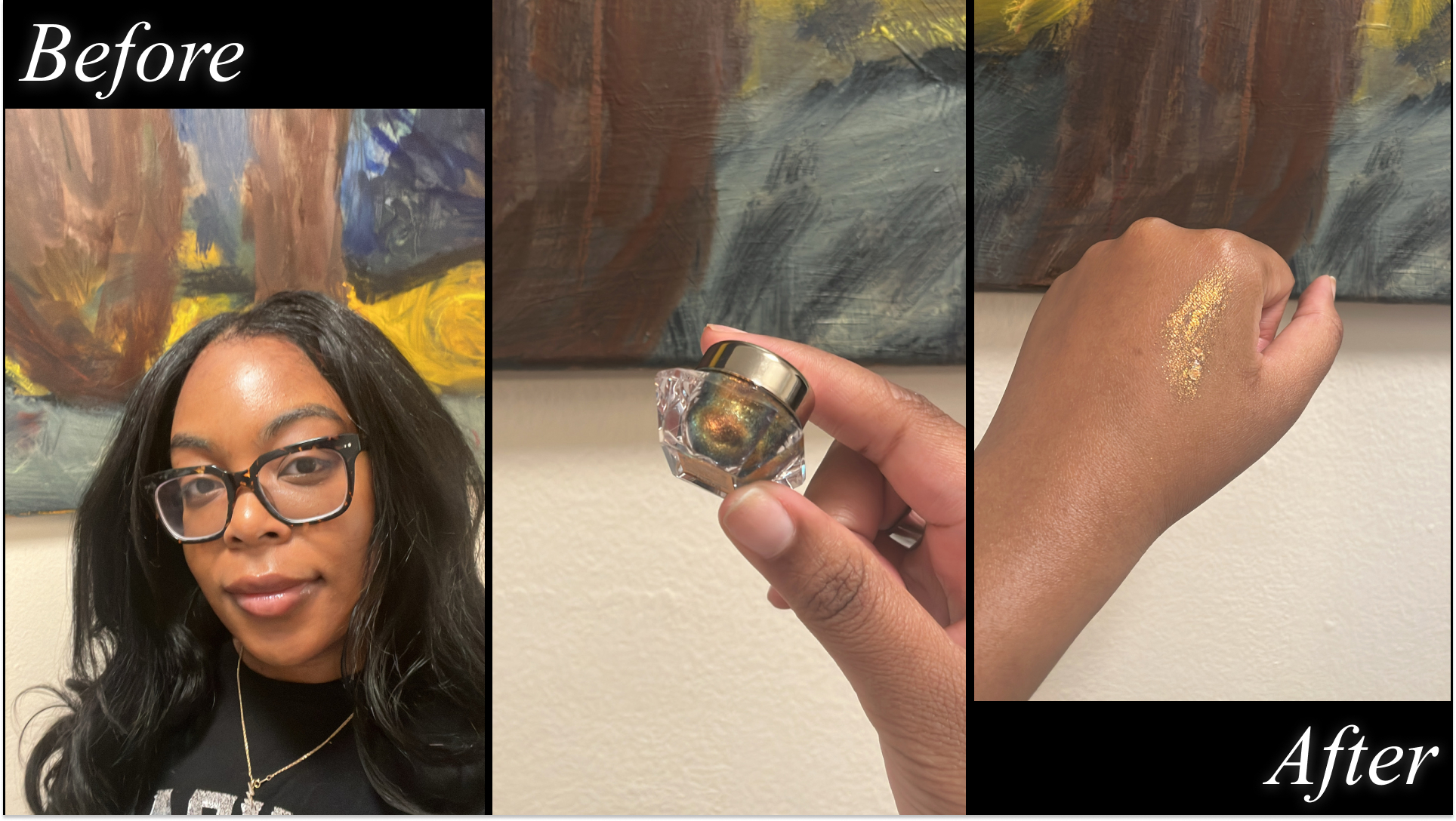 Ariel Baker testing Danessa Myricks Beauty Infinite Chrome Flakes Multichrome Gel for Eyes & Face in Hot Lava.