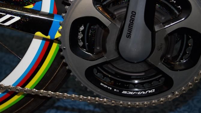 Rainbow stripes decorate the wheels as well