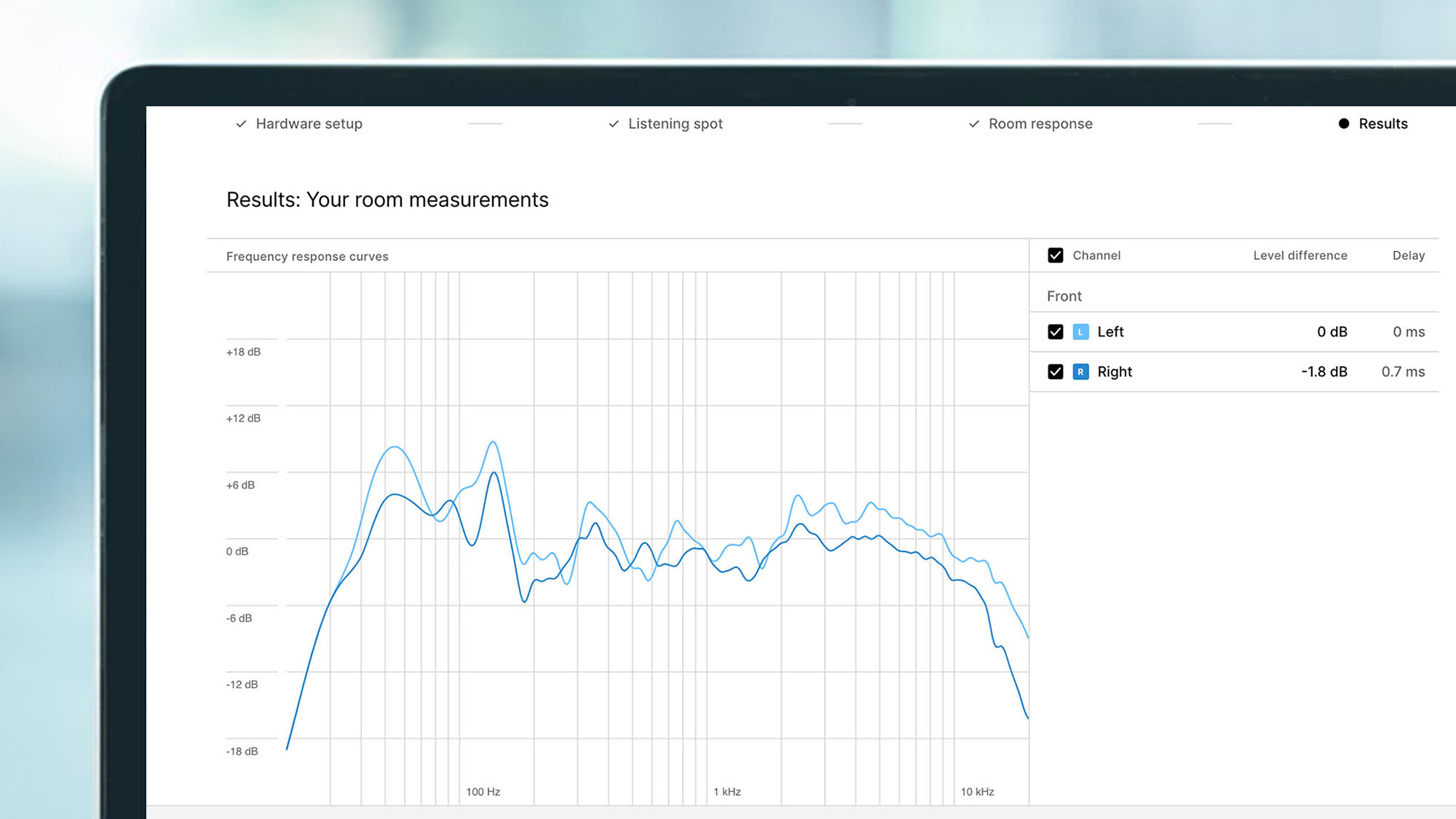 A laptop screen showing software from the Audient Ora Mini roomEQ device