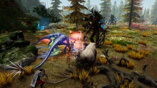 Legends of Aria Classic screenshot of magical combat against a blue dragon-like enemy