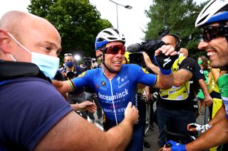 FOUGERES FRANCE JUNE 29 Mark Cavendish of The United Kingdom stage winner celebrates at arrival Mattia Cattaneo of Italy and Team Deceuninck QuickStep Green Points Jersey during the 108th Tour de France 2021 Stage 4 a 1504km stage from Redon to Fougres LeTour TDF2021 on June 29 2021 in Fougeres France Photo by Tim de WaeleGetty Images