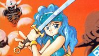 NetHack PC-98 cover art showing anime girl holding sword defensively on orange background with skeleton guys closing in.