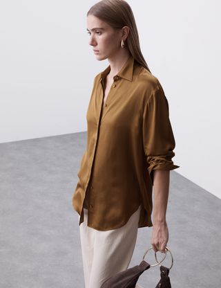 Modal Blend Satin Collared Relaxed Shirt