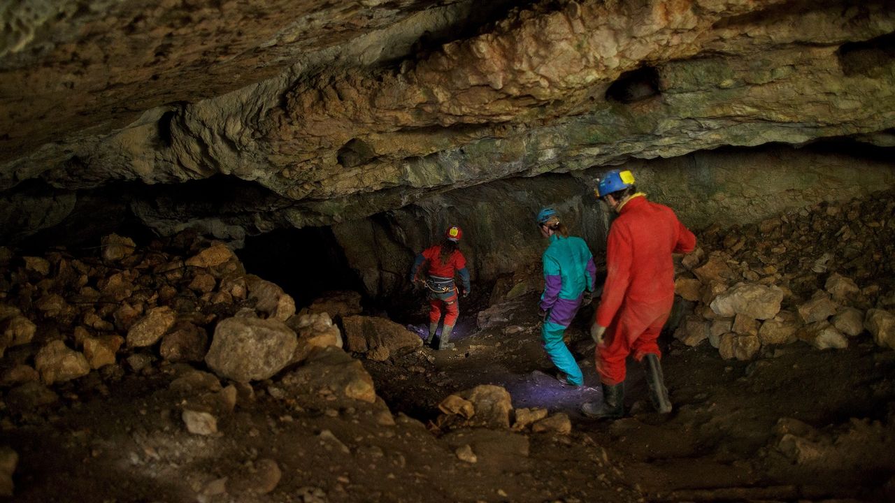 A group of excavators descends into a cave.