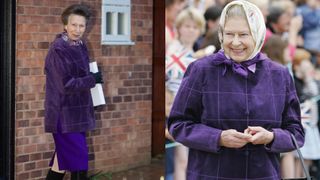 A photo of Princess Anne wearing a purple coat and purple skirt with black boots standing in front of a brick wall holding a white box next to one of Queen Elizabeth wearing the same coat in 2006 with a patterned white head scarf standing in front of a crowd of fans