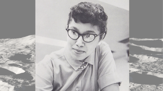 A black and white portrait of mathematician Melba Roy Mouton set over an illustration of the crater-pocked lunar mountain Mons Mouton