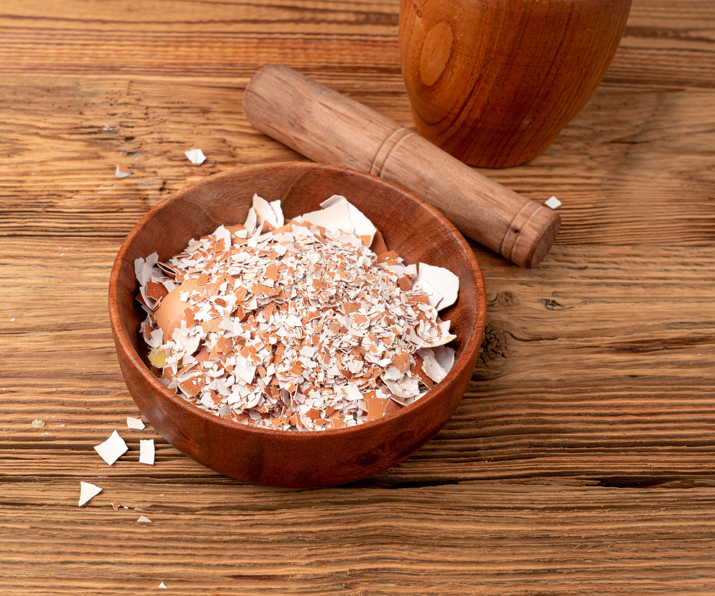 pestle and mortar grinding eggshells