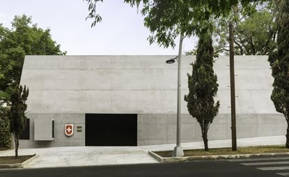Concrete front facade of the Swiss Ambassador's Residence, an urban retreat in Mexico City
