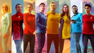 A collage of eight main characters from the Strange New Worlds Star Trek TV show .