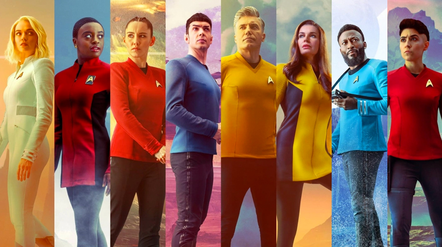 A collage of eight main characters from the Strange New Worlds Star Trek TV show .