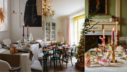 Christmas table decor ideas. Minimalist table design, traditional dining room with christmas tree, colorful table with candles and ornaments