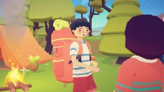 A player character in Ooblets with a large backpack and look of surprise on their face