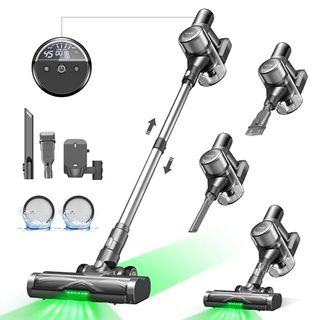 Ultenic The Cordless Vacuum Cleaner, - a grey stick vacuum with a green laser light on the roller head